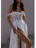 Ivory Lace Chiffon Slit Simple Wedding Dress With Detachable Straps